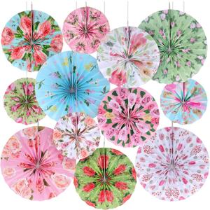Thenshop 12 Pcs Tea Party Decorations Floral Party Hanging Paper Fans Wedding Paper Fans Decorations 3 Sizes Vintage Tea Bridal Shower Birthday Ceiling Decor