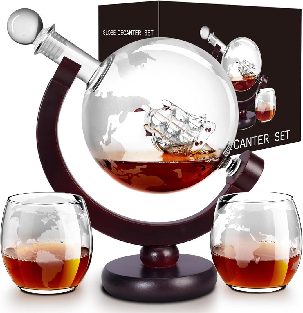 Whiskey Decanter Sets for Men, Whiskey Decanter Globe Set with 2 Etched Globe Whisky Glasses, Bourbon, Cocktails, Scotch decanter Sets - 850ml