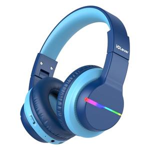 iClever BTH12 Kids Bluetooth Headphones,Colorful LED Lights Kids Headphones Wireless,74/85dBA Safe Volume,85H Playtime,Fast Charging,Bluetooth 5.2,Over Ear,Built-in Mic for iPad/Tablet/Airplane,Blue