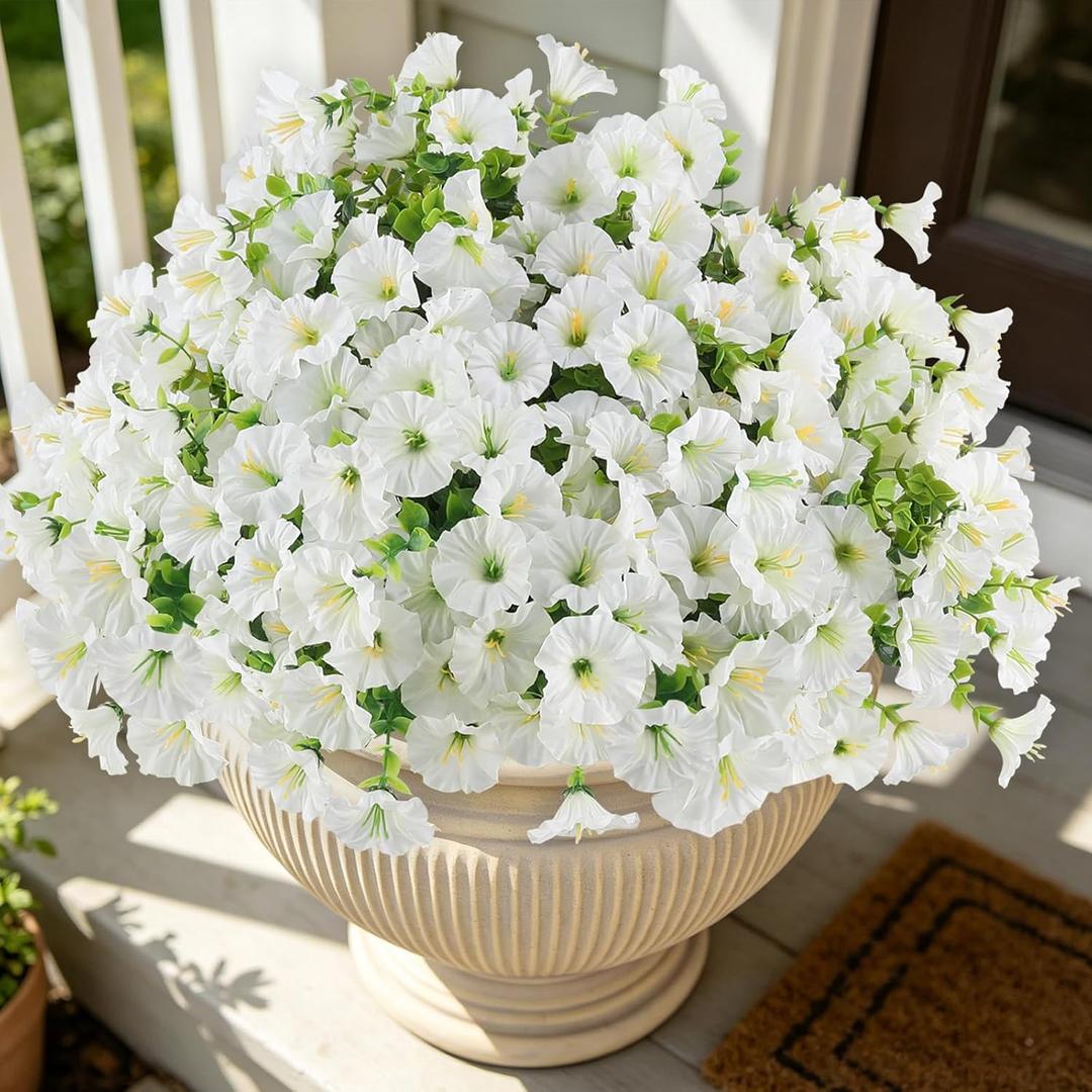 12PCS Artificial Flowers for Outdoor Decorations, Realistic Faux White Silk Petunia Flowers for Outside, Fake Plants Morning Glory with Eucalyptus Porch Patio Planters Window Boxes Decor