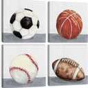 Boys Room Wall Decor Sports Decor for Boys Bedroom Rustic Soccer Football Baseball Basketball Canvas Pictures Kids Wall Art Vintage Ball Painting Nursery Playroom Artwork Home Decorations 12x12" 4 Pcs