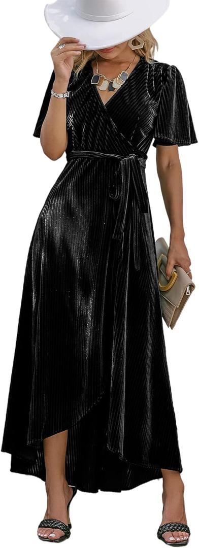 BerryGo Women's Velvet V Neck Wrap Semi Formal Dress Cocktail Party Maxi Dress for Wedding Guest (12, Z-velvet Black)