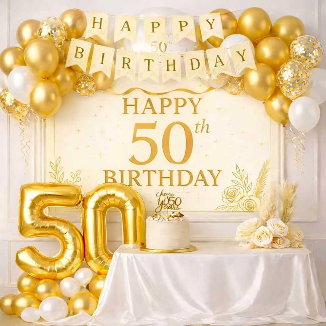 50th Birthday Decorations for Women, Elegant Champagne Gold Happy 50th Birthday Decorations for Her with Banner, Crown & Sash, Cake Topper, 50 Number Balloons and Backdrop