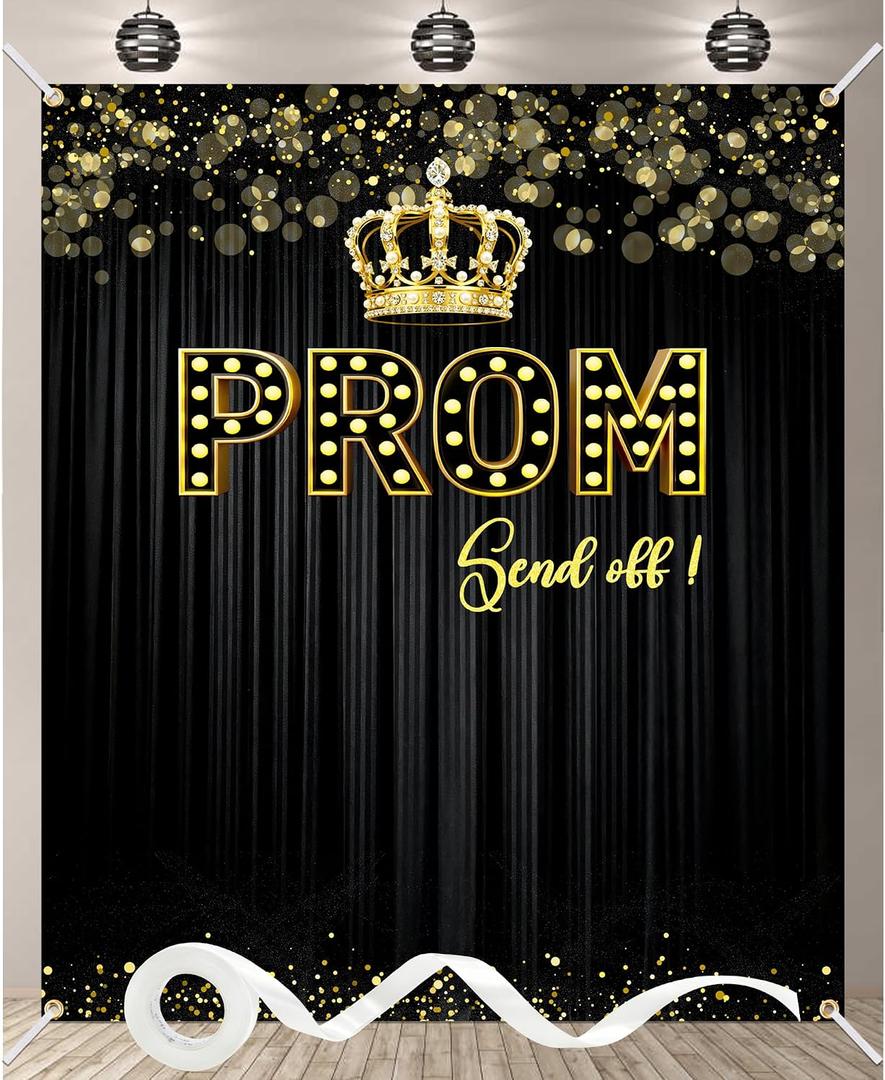 Prom Backdrop 71x82.7 Inch Black and Gold Prom Send Off Banner with 32.8ft Ribbon, Elegant Prom Party Decorations, Photo Booth Backdrop for High School Prom, Graduation, and Senior Send-Off