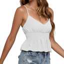 2 x LYANER Women's V Neck Elastic Waist Pleated Ruffle Hem Sleeveless Strappy Crop Cami Top (White, XL)