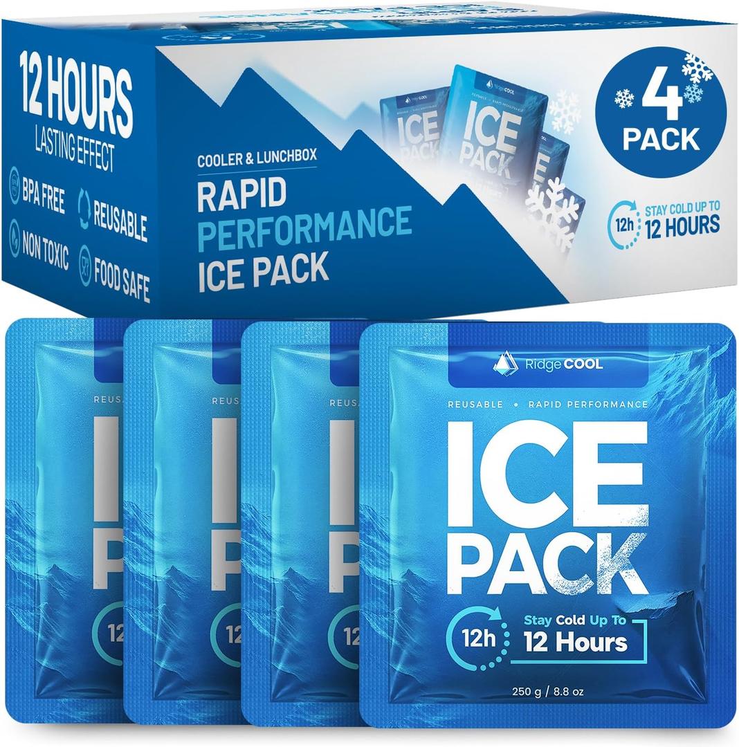 4 Pack Large Reusable Ice Packs for Coolers, BPA-Free Freezer Packs for Cooler, Leakproof, Food Safe, Long Lasting, 9.8 x 8.6 in