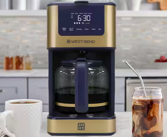 West Bend Drip Coffee Maker Brews Hot or Iced, Programmable with Brew Strength Selector Auto Shut-Off and 6 Functions Permanent Mesh Filter and Glass Carafe, 12-Cup, Brown West Bend Drip Coffee Maker Brews Hot or Iced, Programmable with Brew Strength Selector Auto Shut-Off and 6 Functions Permanent Mesh Filter and Glass Carafe, 12-Cup, Brown