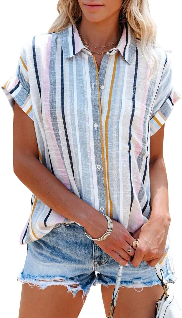 SySea Womens Short Sleeve Striped Shirts Casual Button Down V Neck Work Blouses Tops (Medium, Pink&blue)