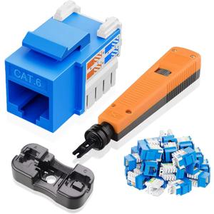 10Gbps Cat6 Keystone Jacks 25-Pack, RJ45 Keystone Jack, Ethernet Keystone Jack in Blue with Punch-Down Tool and Punch-Down Stand for Wall Plate