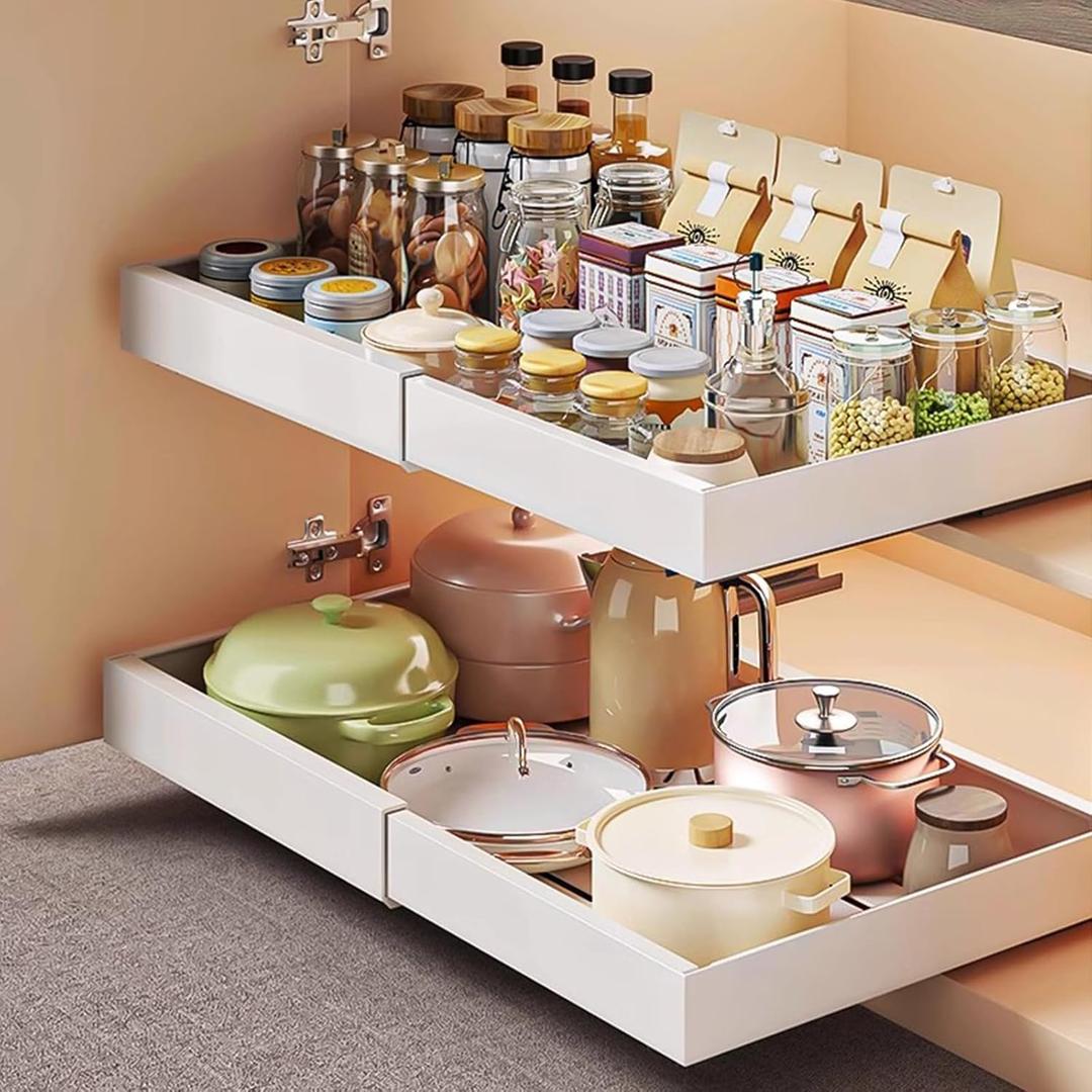 Pull Out Drawers for Cabinets 16.9" Deep, No Drill Adjustable Drawers &3 Slide Rails, Pull Out Cabinet organizer 16.9" inch for Bathroom, Pantry and Under Sink Storage 2pc Expandable( 12" - 21")