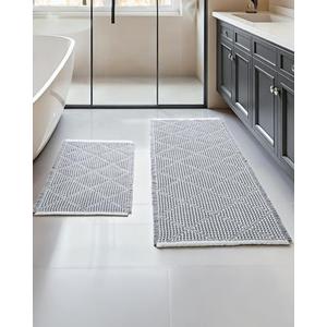 Waffle Bath Mat Set, Non Slip Bathroom Rugs Sets 2 Piece, Ultra Absorbent Long Bath Rug Runner for Bathroom Decor, Machine Washable Boho Mats, Grey & White, 20"×47" Plus 18"×30"