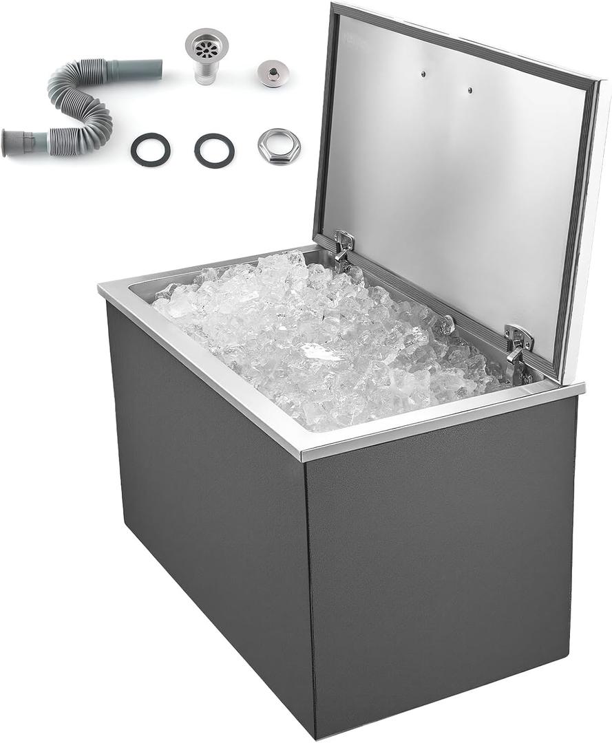 VEVOR Drop in Ice Chest, Stainless Steel Drop in Cooler, Commercial Ice Bin with Lid for Outdoor Kitchen Patio Bar, Drain-Pipe Set Included, Cooling Bins with Cover for Cold Wine Beer, 28" L x 16" W x 17" H