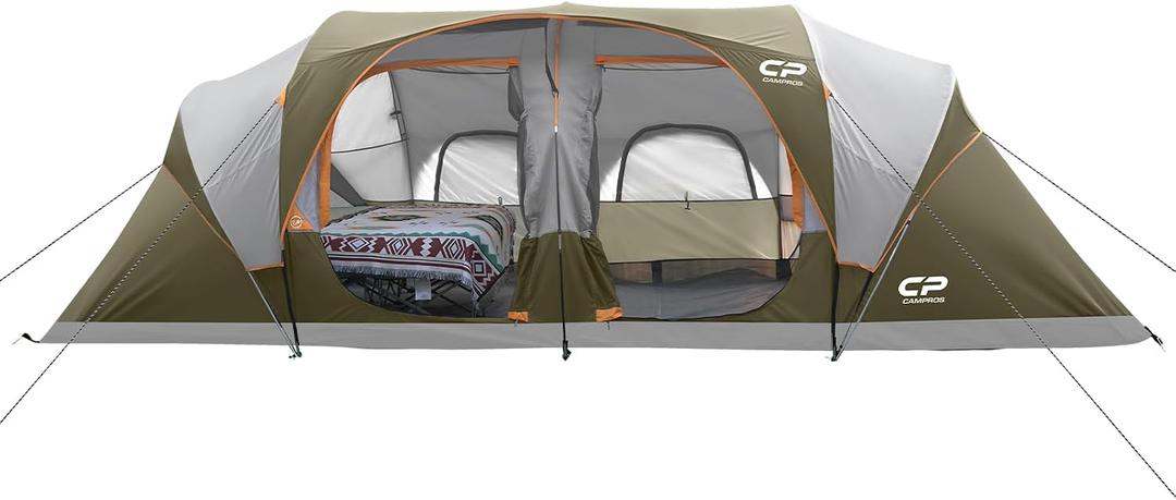 CAMPROS CP Tent 12-Person-Camping-Tents,3 Room Family Tents,Waterproof Windproof Family Tent with Top Rainfly,6 Large Mesh Windows,Double Layer,Easy Set Up, Portable with Carry Bag-20' x 9' x 72"(H)