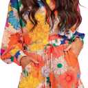 Molilove Women's Summer 2 Piece Outfits Print Button Down Shirt Shorts Pockets Long Sleeve Beach Vacation Going Out Outfits XL