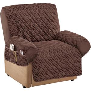 Collections Etc Diamond-Shape Quilted Stretch Recliner Cover with Storage Pockets and Elastic Straps - Furniture Protector, Chocolate, Recliner