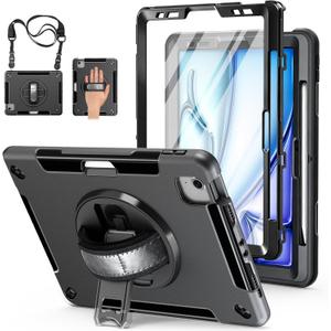 Case for iPad Air 11 M3 2025 & M2 2024: Cover for iPad Air 5th & 4th Generation 10.9 Inch (2020/2022) with Screen Protector- Stand- Handle- Shoulder Strap- Pencil Holder-Black