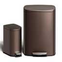 Garvee 13 gal (50 L) and 2.6 gal (10 L) Metal Trash Can Combo Set, Rustproof Garbage Can with Lid, Step-on Trash Bin with Inner Bucket, Rear Handle, Brown