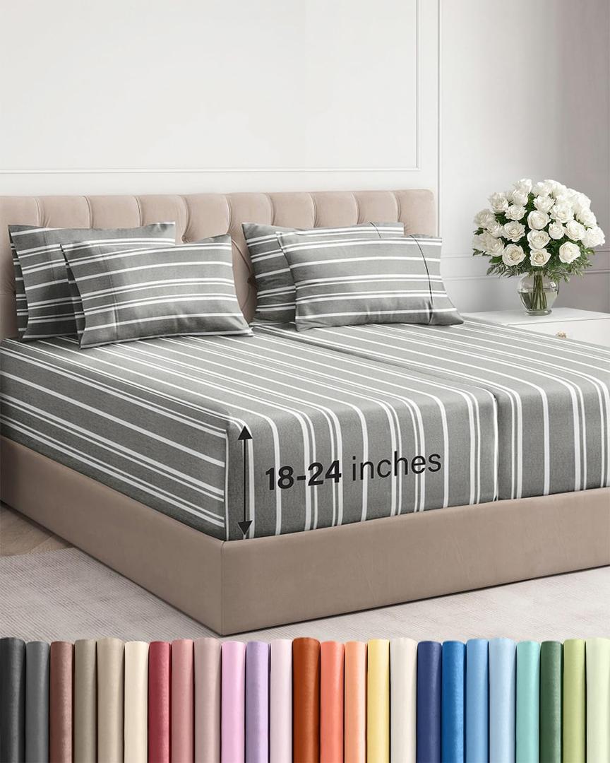 Extra Deep Split King Sheet Set - 7 Piece Breathable and Cooling Sheets - Hotel Luxury Bedding for Women, Men, Kids & Teens - Secure Fit - Soft and Wrinkle Free with Extra Deep Pockets - Grey Stripes