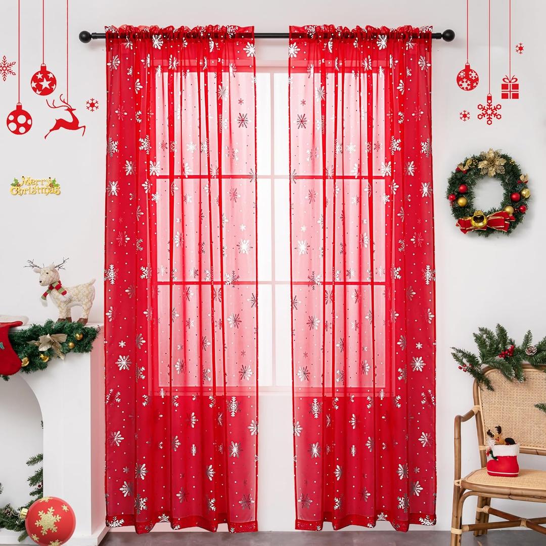 Christmas Sheer Curtains for Living Room, Luxury Snowflake Silver Foil Print Sheer Curtains, Rod Pocket Window Drapes Decorations for Bedroom and Home Decor, 2 Panels Red 52W x 84L