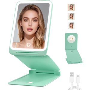 INFOOD Travel Makeup Mirror - Rechargeable LED Vanity Mirror 7.8x5 Inches with 1X/3X Magnifying, 3 Color Dimmable Light, Touch Screen, Foldable Design with Stand, Portable for Travel, Mint Green