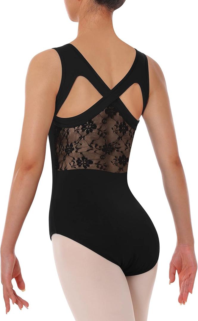 Women Lace Leotard for Dance Ballet Tank Crisscross Back, Ballerina Gymnastics Dancewear (Large, A1-black)