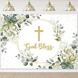 Mocsicka Greenery Baptism Backdrop Green and Gold God Bless Background First Holy Communion Christening Party Cake Table Decoration Banner Photo Booth Props (7x5ft)