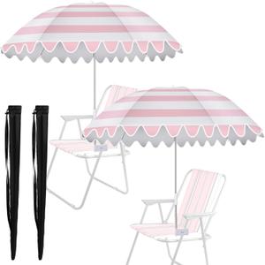 Abbylike 2 Pcs Scalloped Chair Umbrella with Universal Adjustable Clamp 38'' Portable Wheelchair Umbrella UPF 50+ Camping Chair Parasol with Bag for Outdoor Patio Lawn (Pink, White Scalloped)