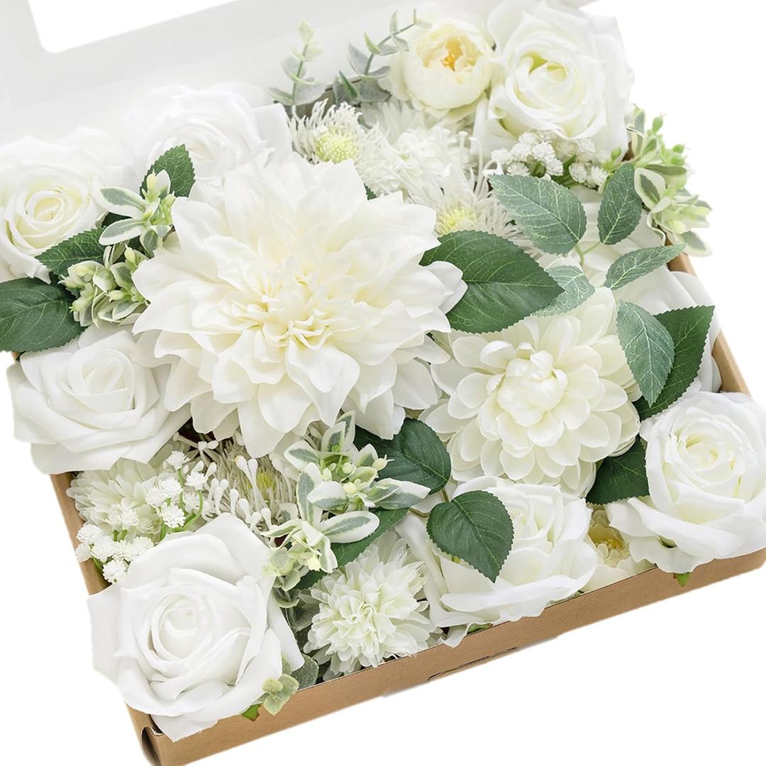 Ling's moment Fake Flowers Box, Faux Artificial Greenery Stems Foam Roses Silk Dahlia Rose Leaves Fabic Flower for Centerpieces Bouquet Wedding Vase Floral Decorations, White & Sage, Grand Combo