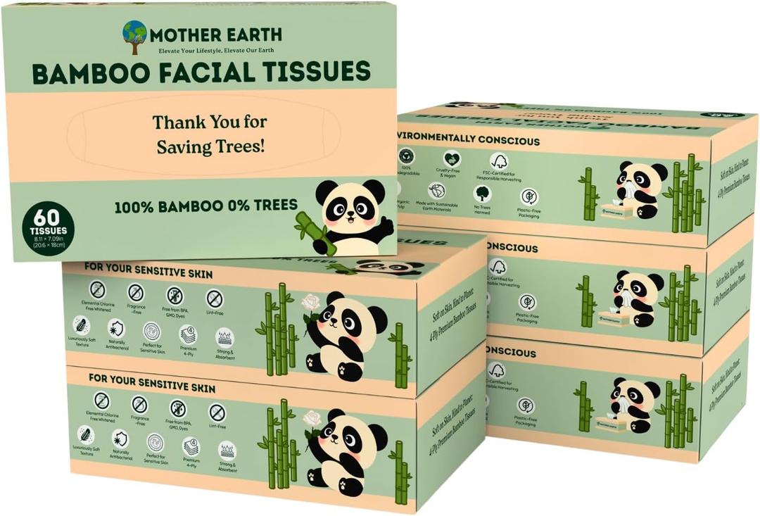 MOTHER EARTH Bamboo Facial Tissue Paper - 4 Ply Tissue Flat Box, Lint-Free, Hypoallergenic, Septic-Safe, Unscented, 60 Sheets per Box, 6-Box Pack, Total 360 Tissues