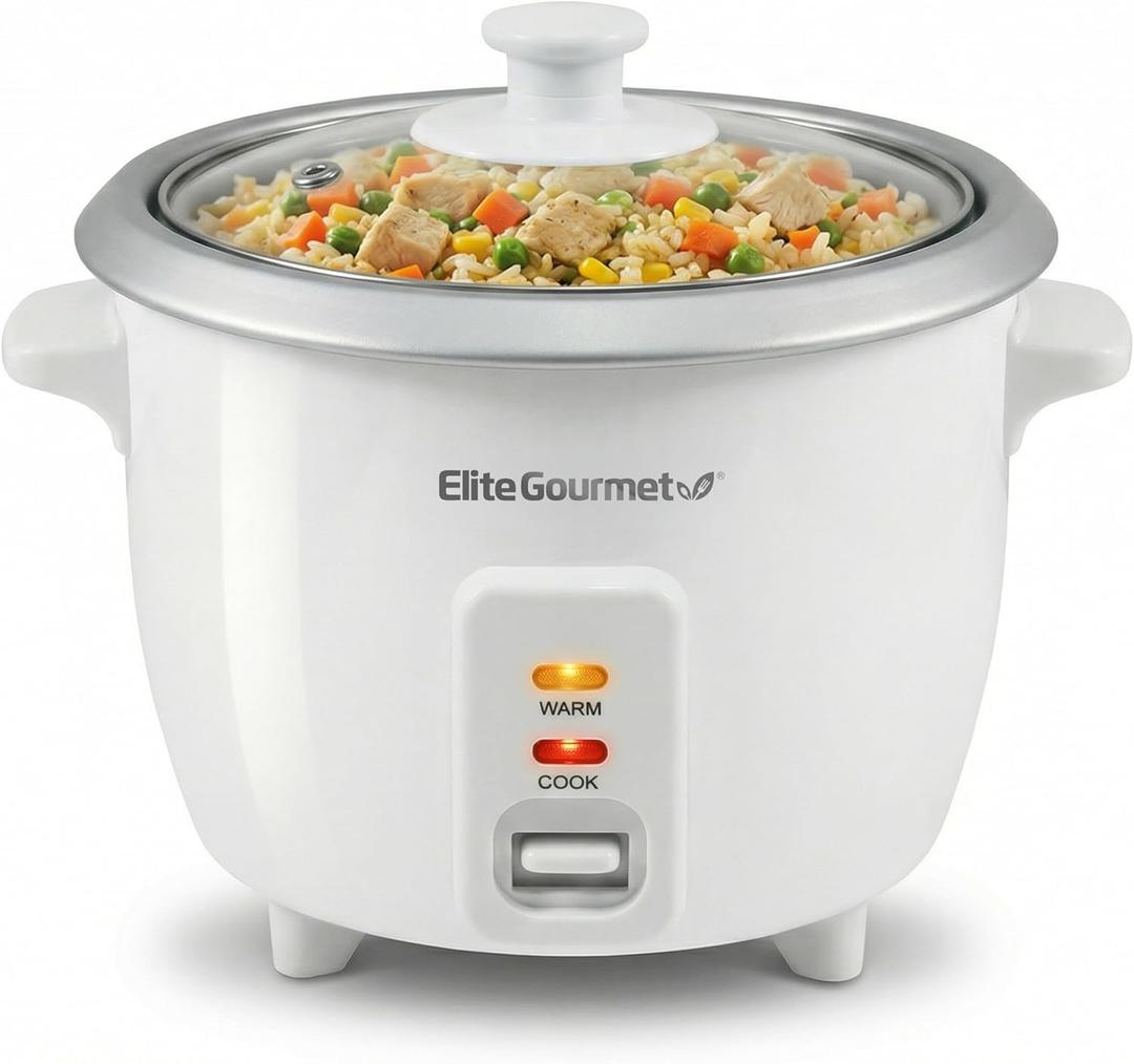 Elite Gourmet ERC-003X Electric Rice Cooker with Automatic Keep Warm Makes Soups, Stews, Grains, Hot Cereals, 6 Cups Cooked (3 Cups Uncooked), White