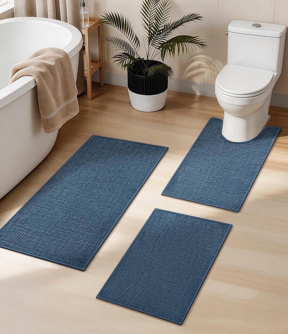 YIHOUSE Bathroom Rug Set 3 Piece Blue, Non Slip Bath Mats Sets of 3 Quick Dry, Absorbent Washable Thin Bathroom Rugs Fit Under Door for Elder, Sink, Laundry (16x24+16x24U+16x32)