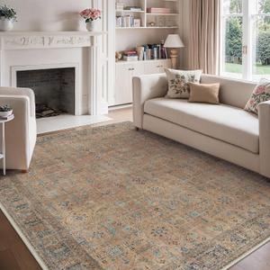 GENIMO Vintage Oriental Rug 8x10, Machine Washable Area Rug with Non Slip Backing, Ultra-Thin Lightweight Rugs for Living Room, Bedroom and Dining Room, Farmhouse Carpet, Brown