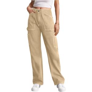 Cargo Pants Women High Waisted Wide Leg Casual Pants Baggy Stretchy Trousers Y2K Streetwear with 6 Pockets (Medium, Light Khaki)