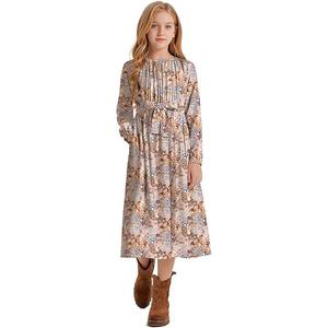 LaBeca Girls Casual Elastic Crew Neck Floral Printed Solid Color A-line Swing High Waist Midi Belted Dress with Pocket, 150 (13-14 Years) Apricot Floral Fall