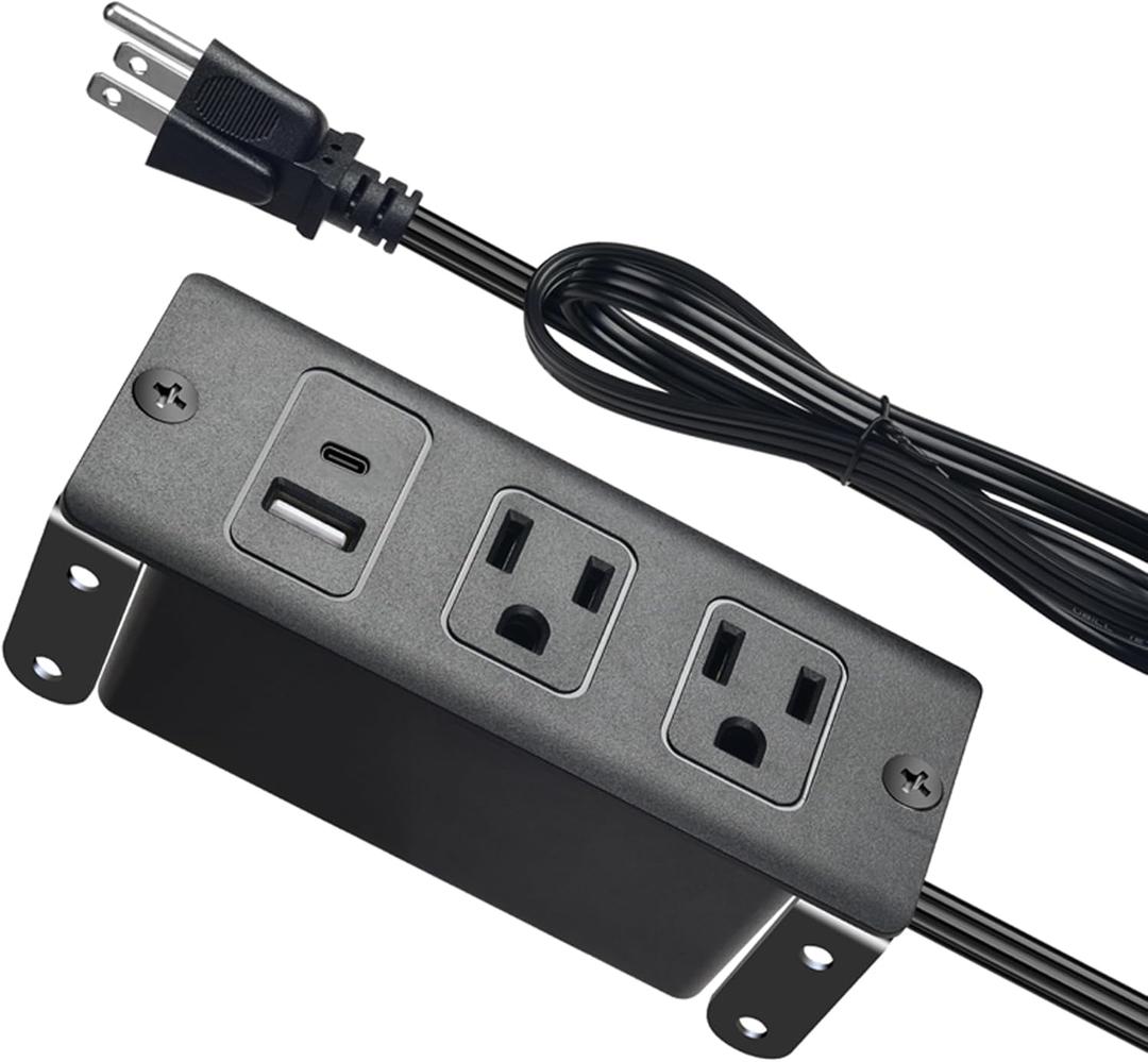 Recessed Power Strip with USB-C, Built-in Outlet Socket, Flat Plug Extension Cord, Dual Installation with Steel Brackets for Desk, Kitchen Island, Cabinet, Workbench (2AC USB-C)