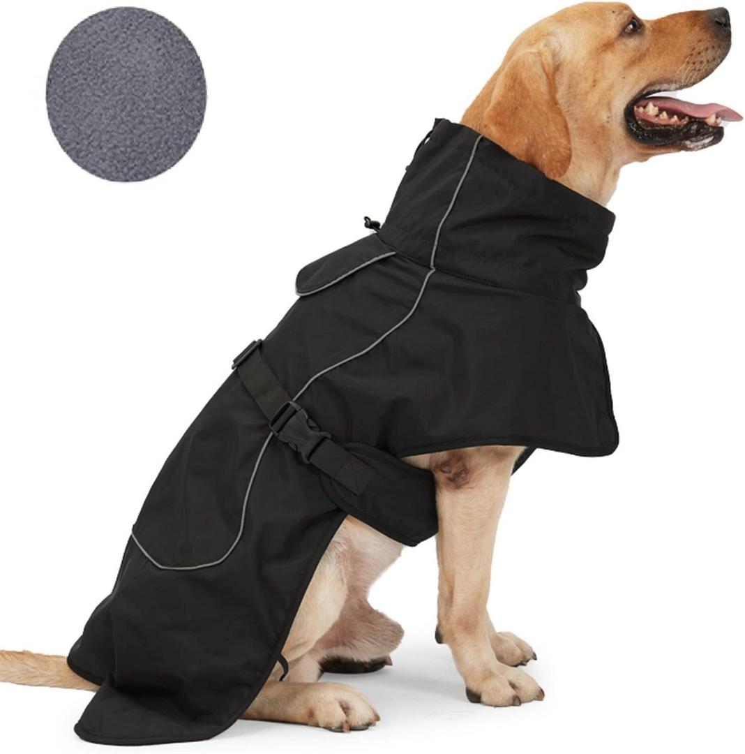 Dog Raincoat - Waterproof Winter Jacket with Velvet Inner, Reflective Strip, Black, XX-Large