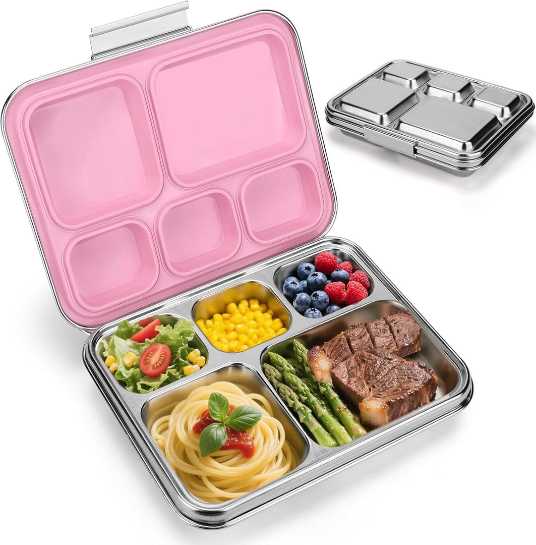 Palksky Lunch Bento Box Stainless Steel, Metal Bento Boxes for Kids Leak-Proof, 5 Compartments Lunchable Food Storage Containers with Lid for School, Office, Travel 