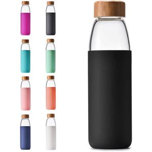 veegoal 25 Oz Borosilicate Glass Water Bottles with Bamboo Lid, BPA-FREE, Non-Slip Silicone Sleeve, and Stainless Steel Leak Proof Lid - Reusable Glass Bottle for Men and Women (Luxury Black)