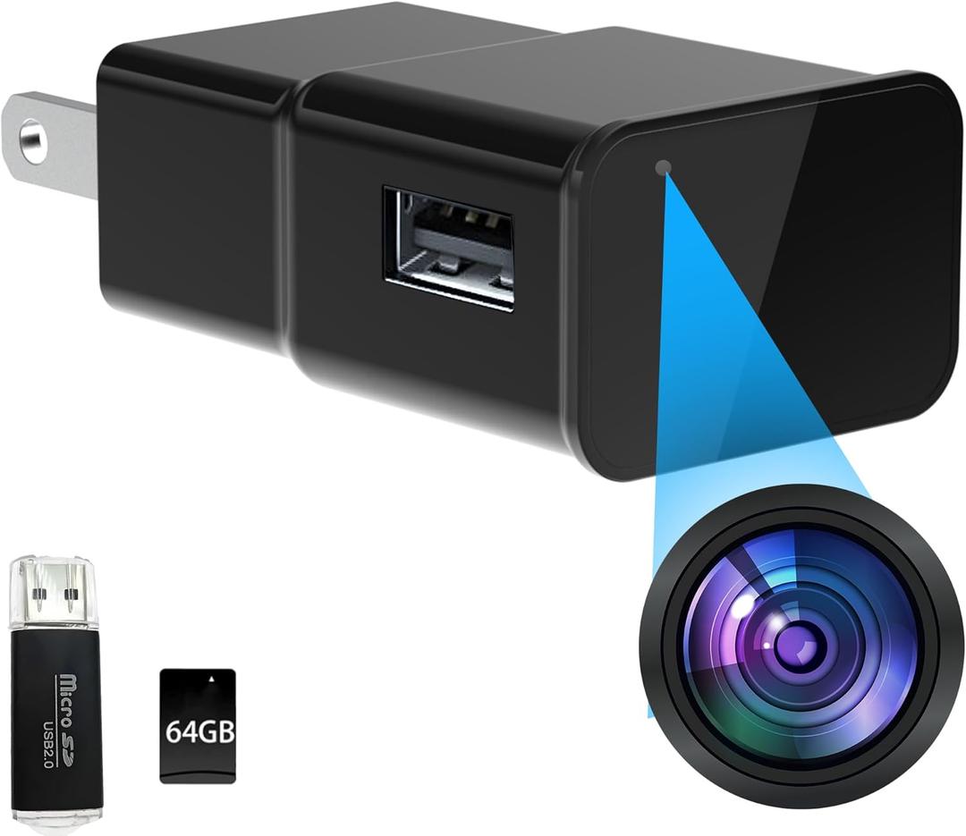 1080P FHD Charger Camera| Nanny Cam Wall Outlet with 64GB SD Card| Loop Recording/Motion Detection/Night Vision/Indoor Camera