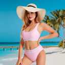 Women's Sporty Two Piece Swimsuits High Waisted Athletic Bikini Sets for Women Color Block Bathing Suit with Bottoms (Pink, S)