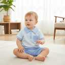 Toddler Baby Boy Summer Clothes Plaid Lapel Short Sleeve T-Shirt Top Shorts Sets Infant Outfit 6 12 18 24 Months (Blue)