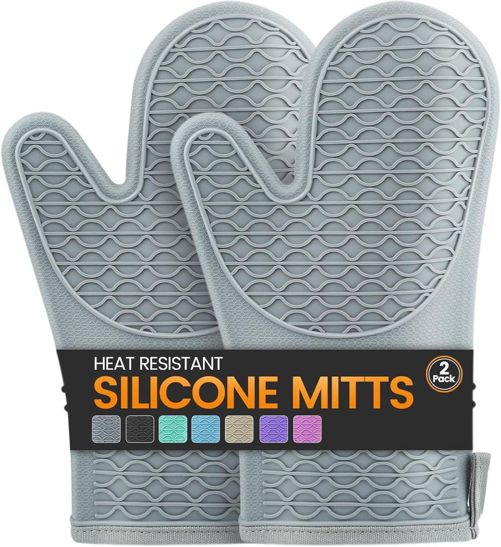 Silicone Oven Mitts, Heat Resistant 2PCS Oven Mitts with Soft Cotton Lining, Waterproof Non-Slip Grip Oven Glove, Kitchen Potholder Mits for BBQ, Baking, Cooking, 12.5 Inch - Grey (Gray)
