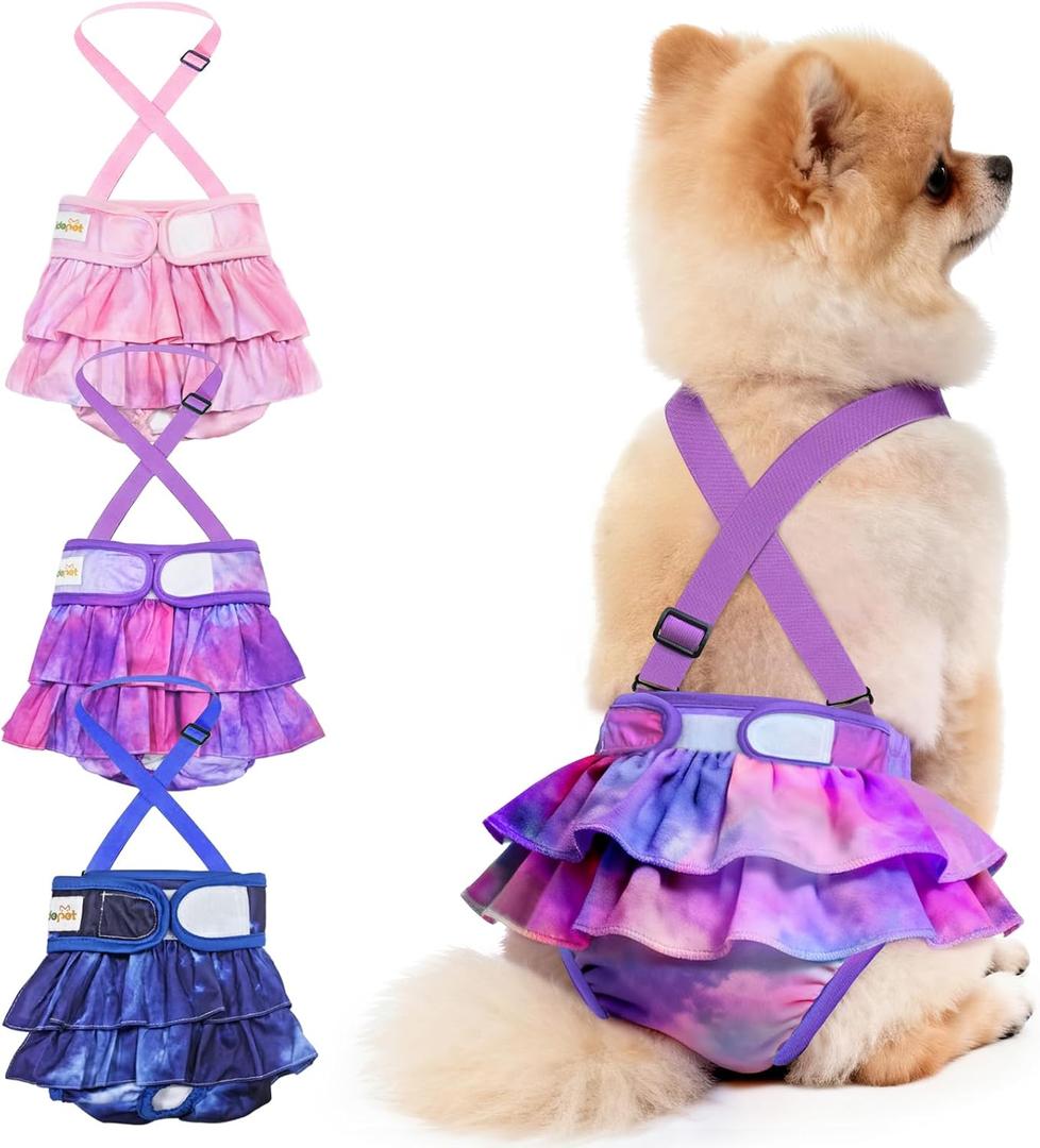 Idepet Female Dog Diapers with Suspender Detachable, 3 Pack Tie Dye Washable Reusable Girl Doggie Diapers Skirts in Heat Period Cycle Urinary Incontinence Training XL
