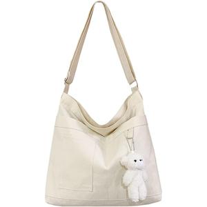 Economical Cotton Canvas Tote Bag,Women Hobo Shoulder Bag Crossbody Handbag with 3 External Pocket,Zipper Closure