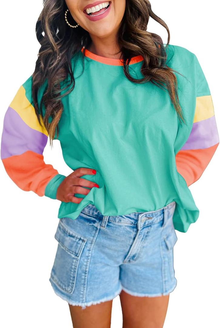 miduo Womens Long Sleeve Tops Color Block Stitching Casual Loose Fit Crew Neck Shirts Blouses (XXL)