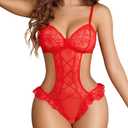 2 x Avidlove Red Lingerie for Women Deep V Lingerie Mini Teddy One Piece Babydoll Lace Bodysuit XL-Large, Size M, XL (Red)