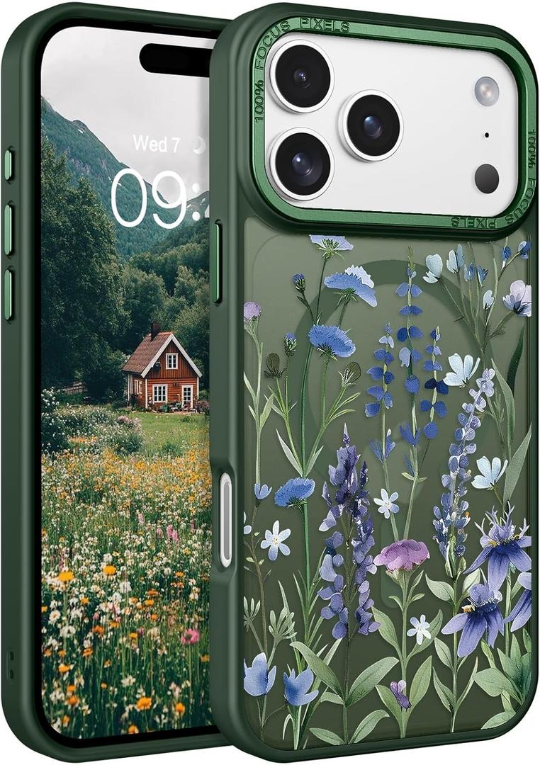 DOMAVER for iPhone 17 Pro Max Case, Magnetic Phone Case for iPhone 17 Pro Max [Compatible with MagSafe] Slim Fit Flowers Floral Design Shockproof Protective Bumper Women Girls Cover, Spring-Green
