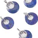 LiQunSweet 5 Pcs Natural Lapis Lazuli Crystal Stone Charms Pendants Flat Round with Flower of Life for Necklace Jewelry Making DIY Crafting Artwork