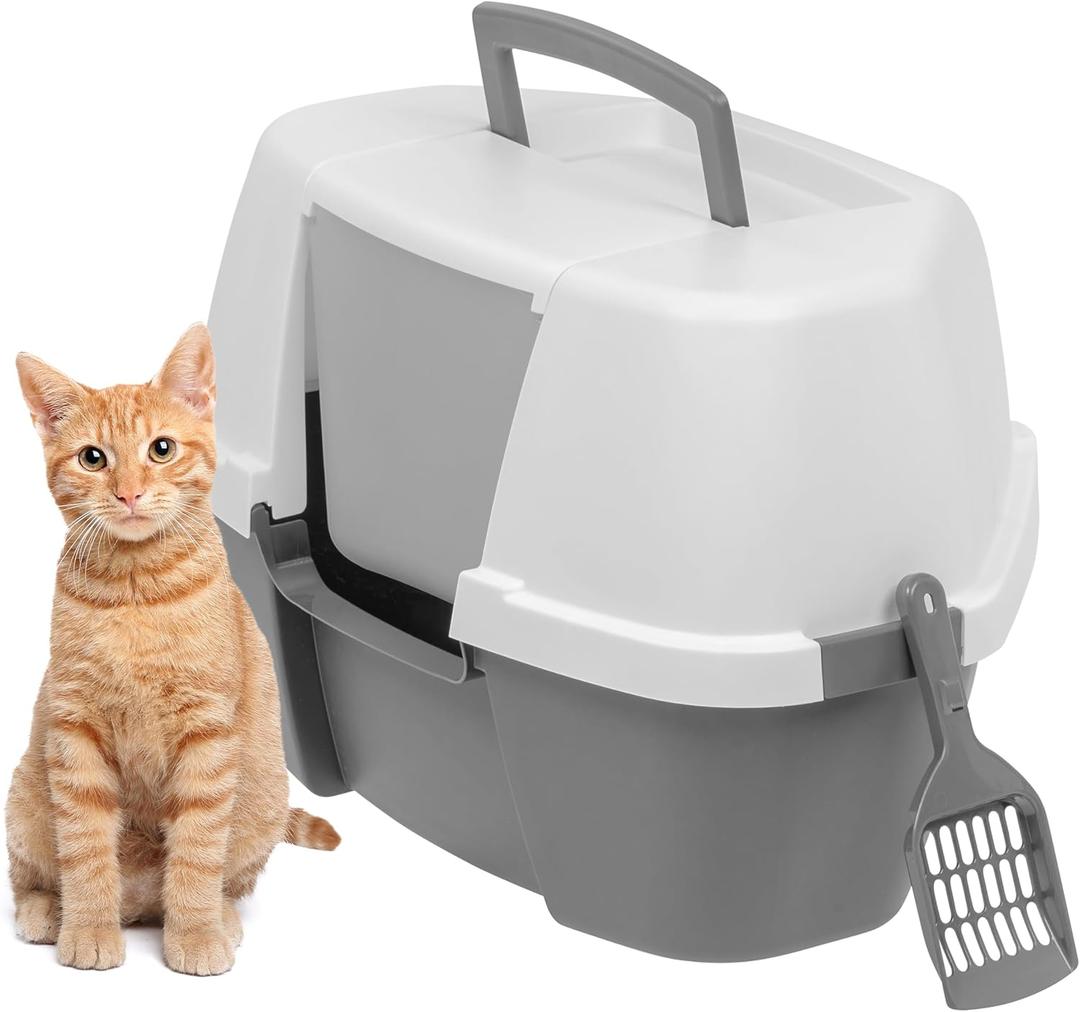 IRIS USA Corner Cat Litter Box Enclosure with Scoop, Small Cat Litter Box with Lid, Corner Litter Box Enclosure for Kittens to Medium Sized Cats, Odor Defensive Hooded Litter Tray, Dark Gray
