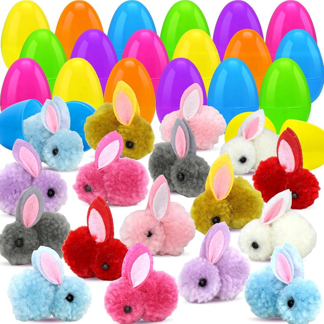 24 PCS Filled Bunny Prefilled Easter Eggs with 24 Cute Bunnies Toys for Kids Easter Egg Stuffer